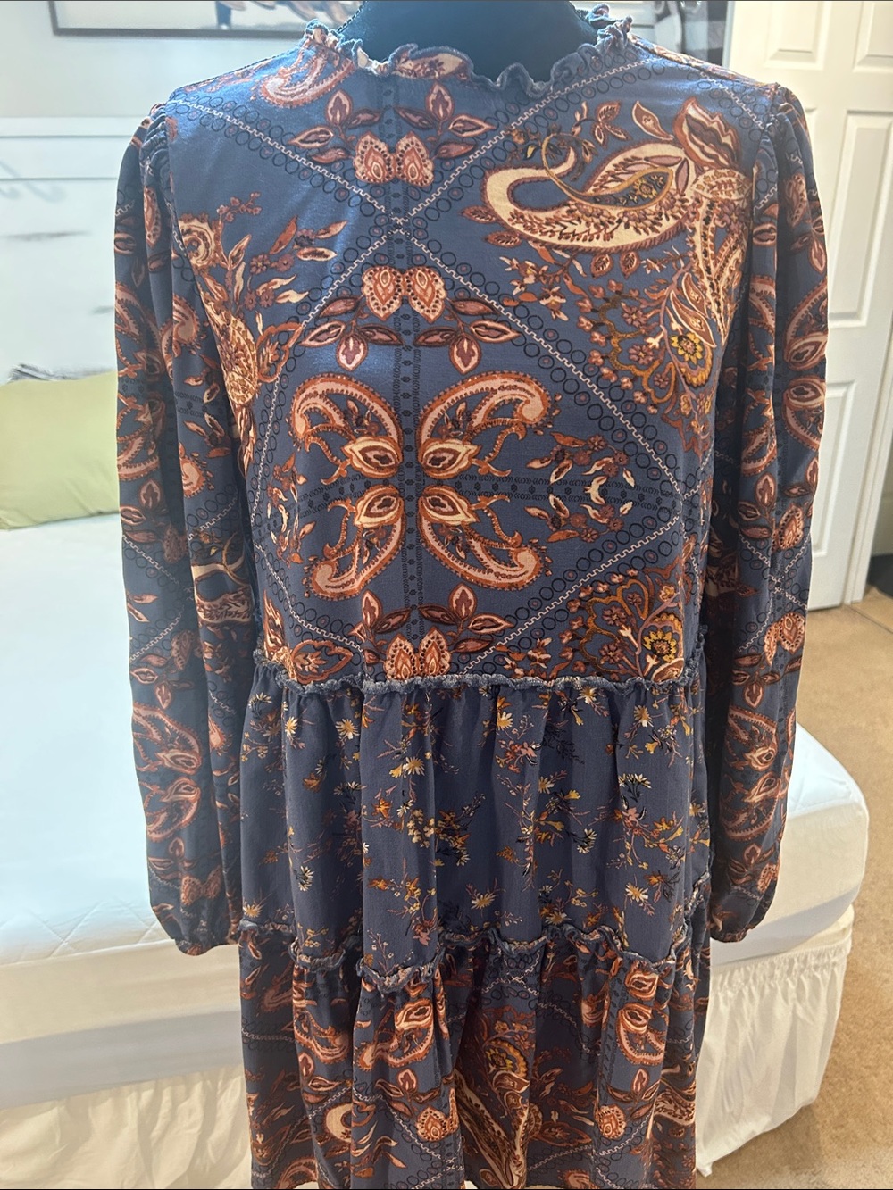 True Craft Navy Blue Paisley Long-Sleeve Midi Dress with Rust Accents